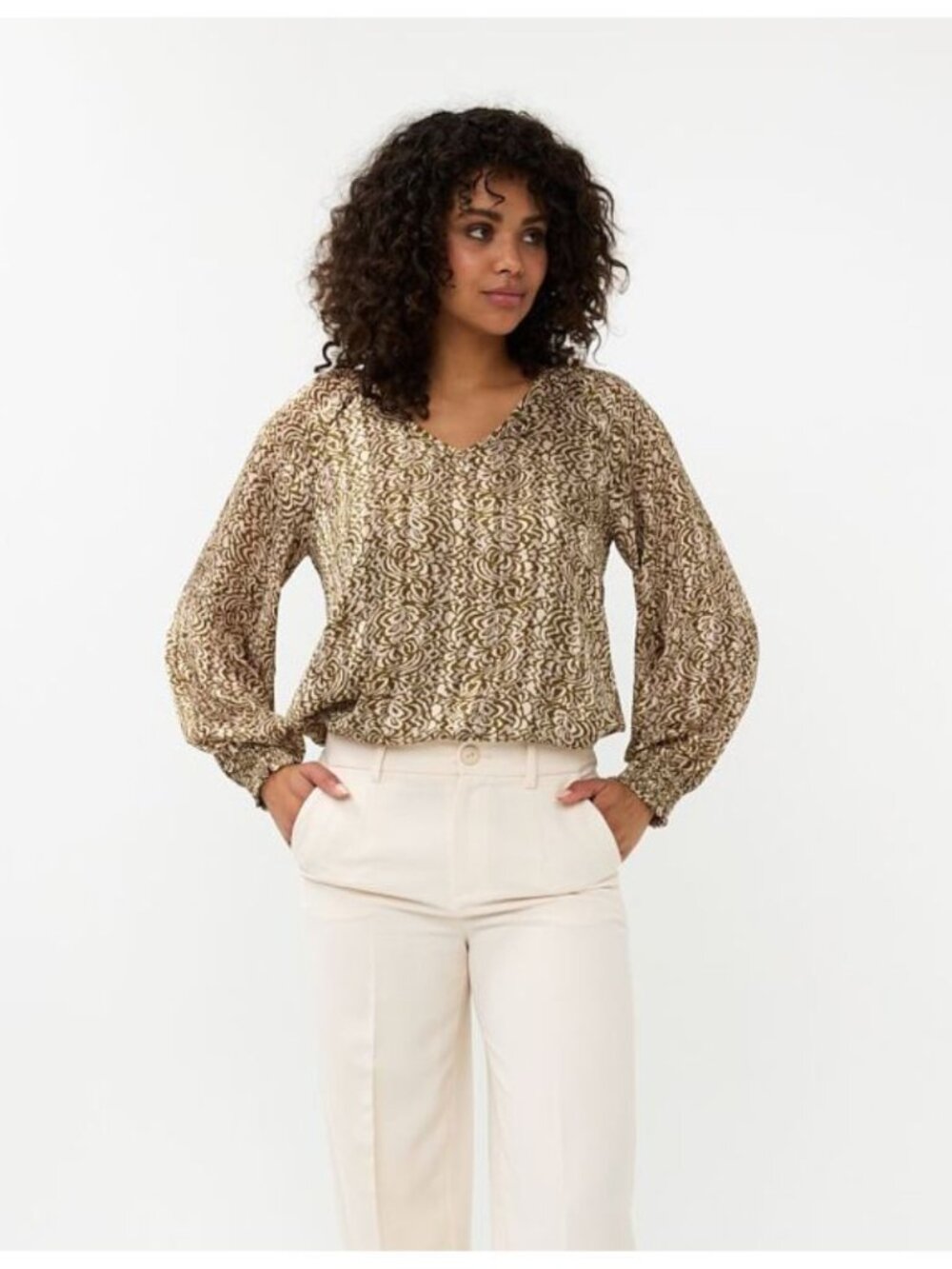 ESQUALO Dimension Print Olive/Gold Tone Lurex Long Sleeve Blouse Women 16/XL